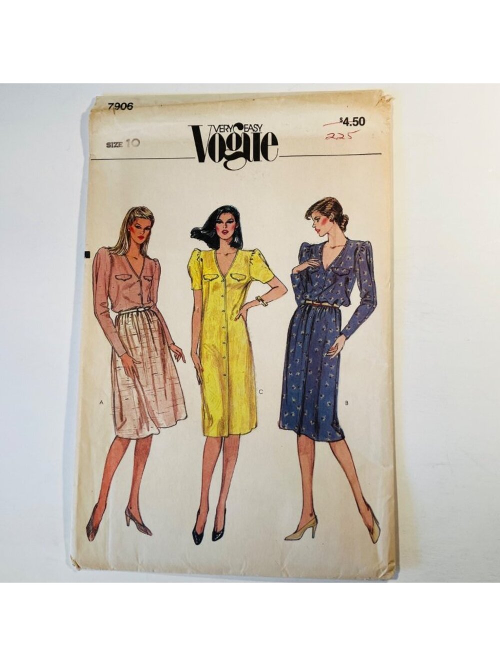80s Very Easy Vogue 7906 Size 10 V-neck Button Front Shirt Dress or Blouse Uncut